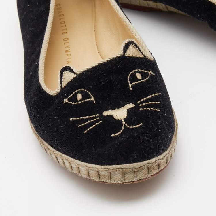 Pre Owned Charlotte Olympia Black Velvet Kitty Espadrille Flats Size 39