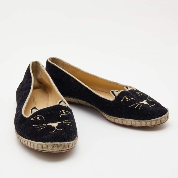 Pre Owned Charlotte Olympia Black Velvet Kitty Espadrille Flats Size 39