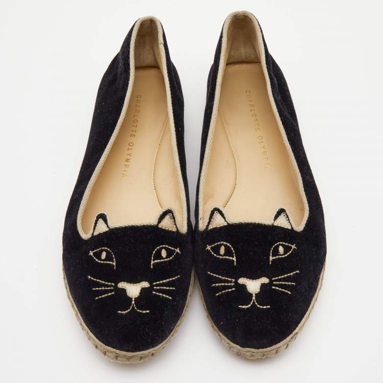 Pre Owned Charlotte Olympia Black Velvet Kitty Espadrille Flats Size 39