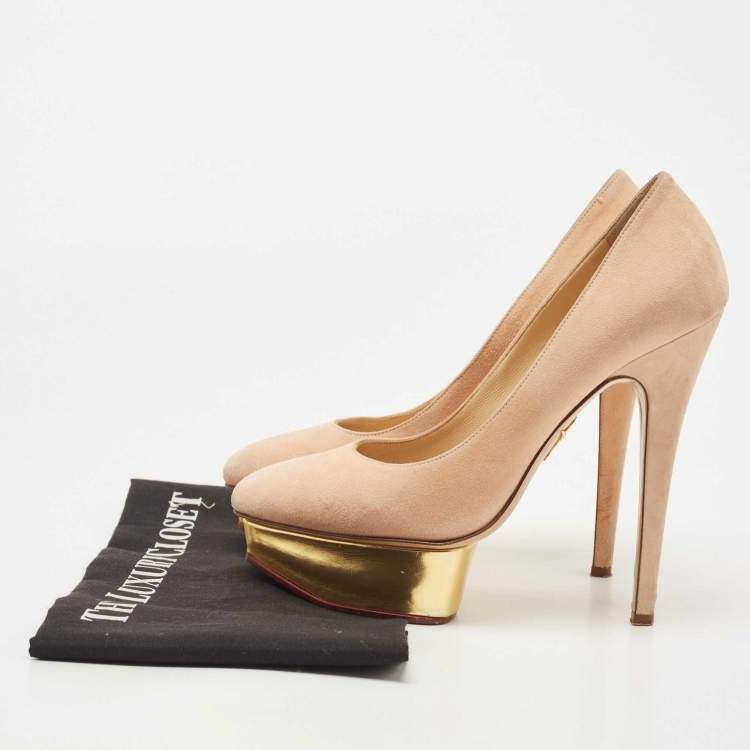 Pre Owned Charlotte Olympia Beige Suede Dolly Platform Pumps Size 37.5