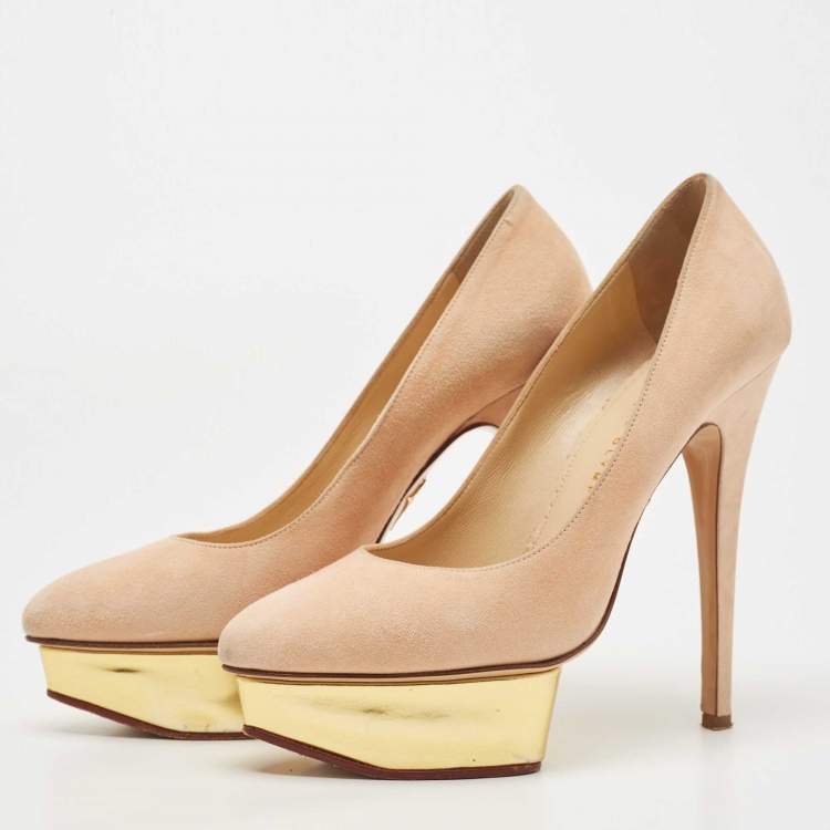 Pre Owned Charlotte Olympia Beige Suede Dolly Platform Pumps Size 37.5