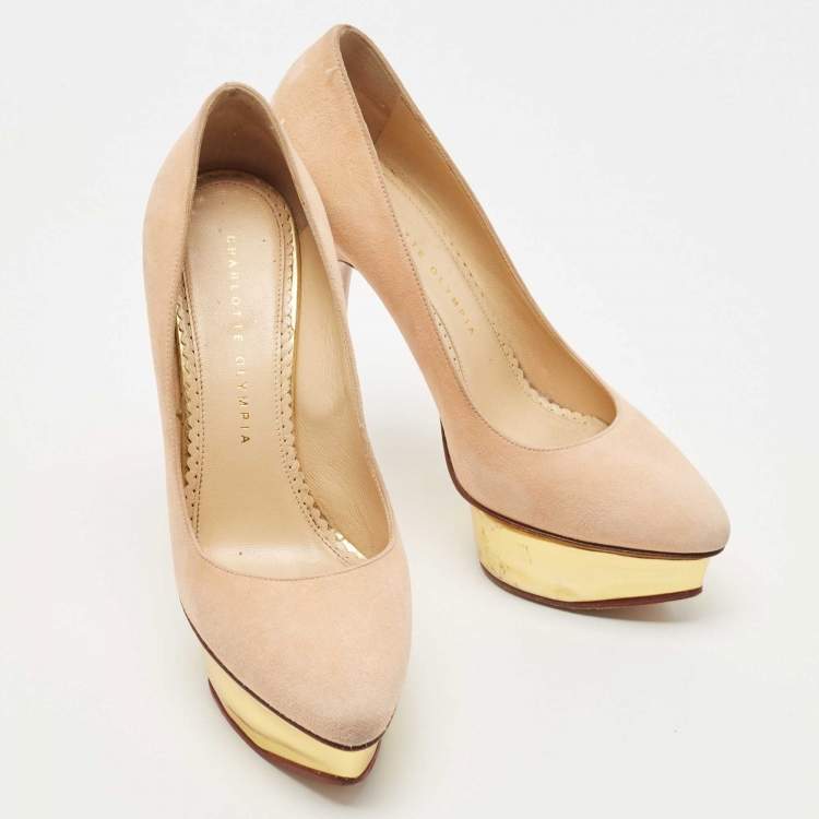 Pre Owned Charlotte Olympia Beige Suede Dolly Platform Pumps Size 37.5