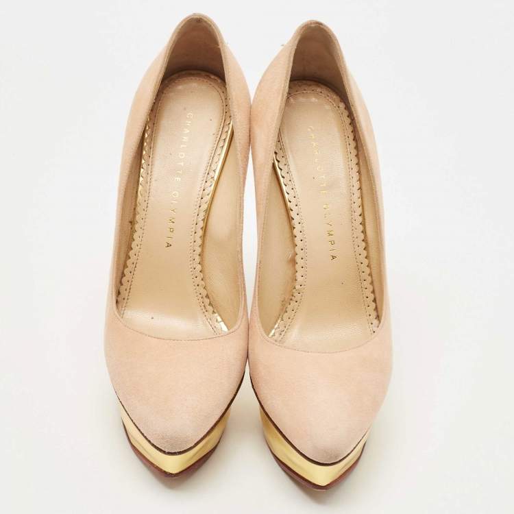 Pre Owned Charlotte Olympia Beige Suede Dolly Platform Pumps Size 37.5