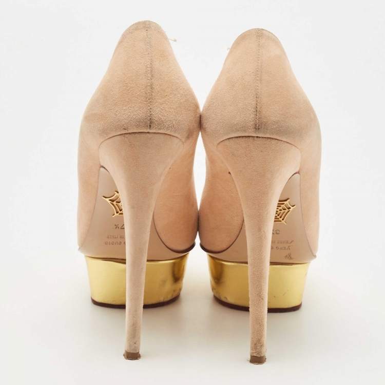 Pre Owned Charlotte Olympia Beige Suede Dolly Platform Pumps Size 37.5
