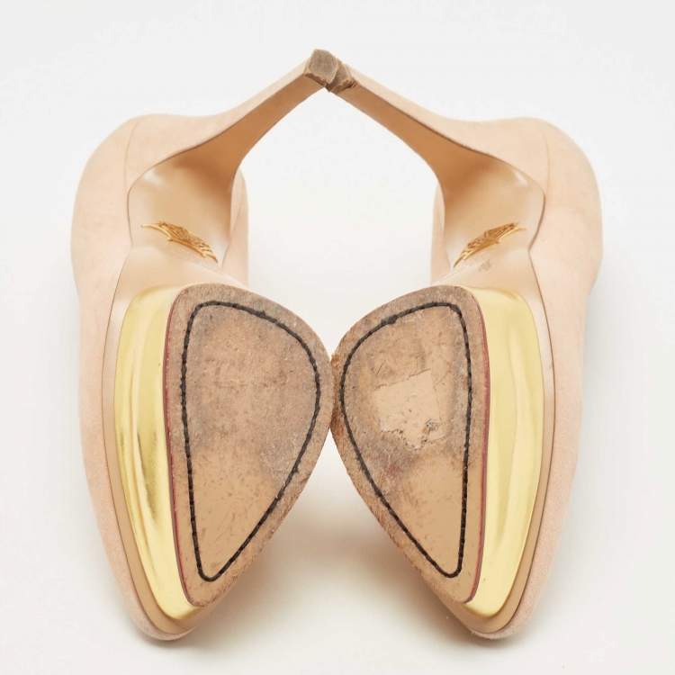 Pre Owned Charlotte Olympia Beige Suede Dolly Platform Pumps Size 37.5