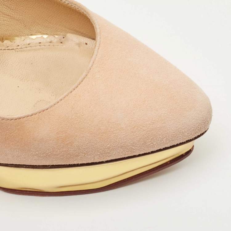 Pre Owned Charlotte Olympia Beige Suede Dolly Platform Pumps Size 37.5