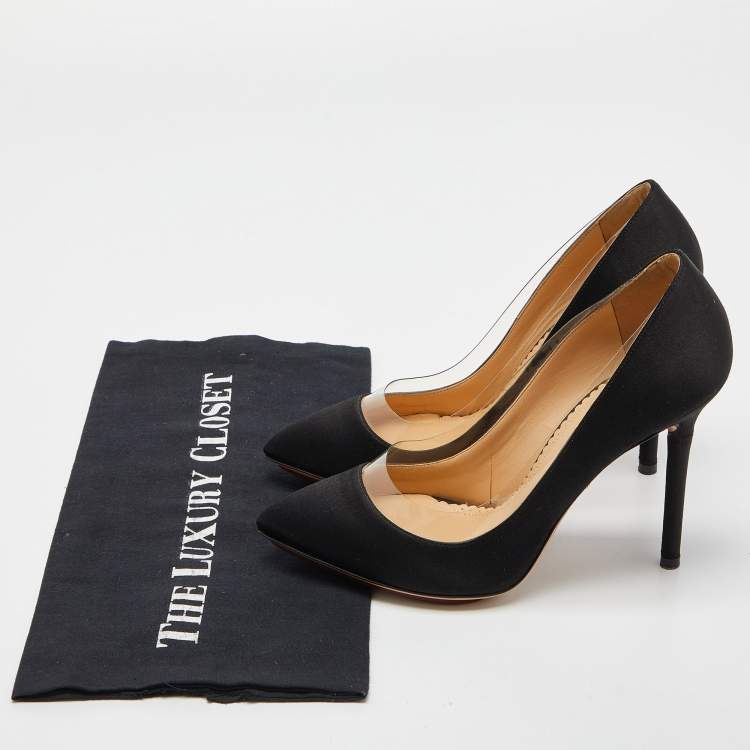 Pre Owned Charlotte Olympia Black Satin Party Monroe Pumps Size 36.5