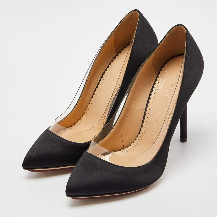 Pre Owned Charlotte Olympia Black Satin Party Monroe Pumps Size 36.5