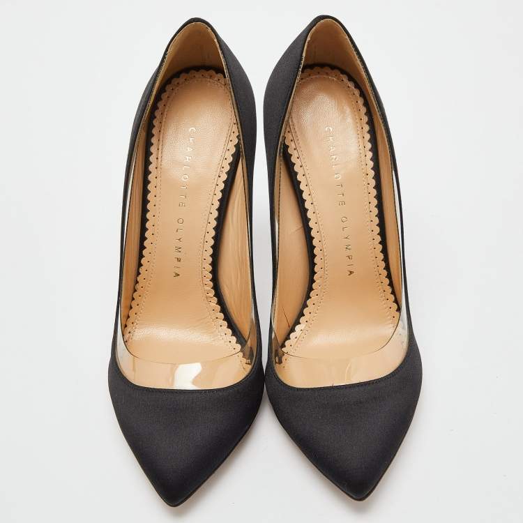 Pre Owned Charlotte Olympia Black Satin Party Monroe Pumps Size 36.5