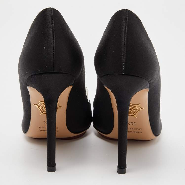 Pre Owned Charlotte Olympia Black Satin Party Monroe Pumps Size 36.5