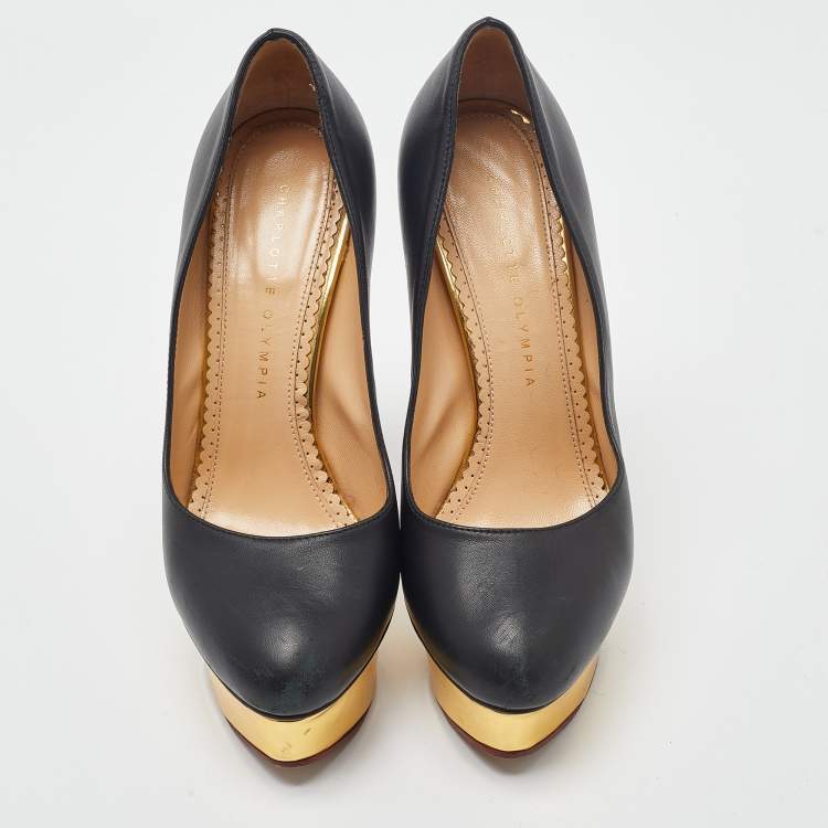 Pre Owned Charlotte Olympia Black Leather Dolly Platform Pumps Size 38
