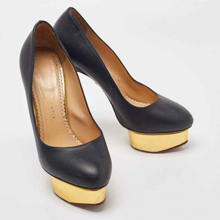 Pre Owned Charlotte Olympia Black Leather Dolly Platform Pumps Size 38