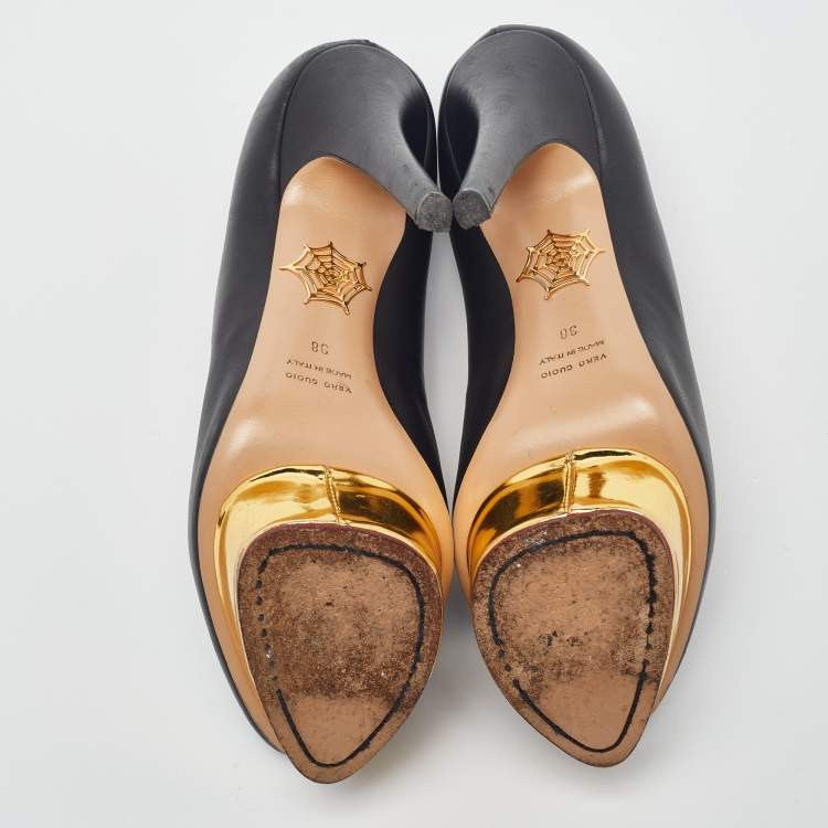 Pre Owned Charlotte Olympia Black Leather Dolly Platform Pumps Size 38
