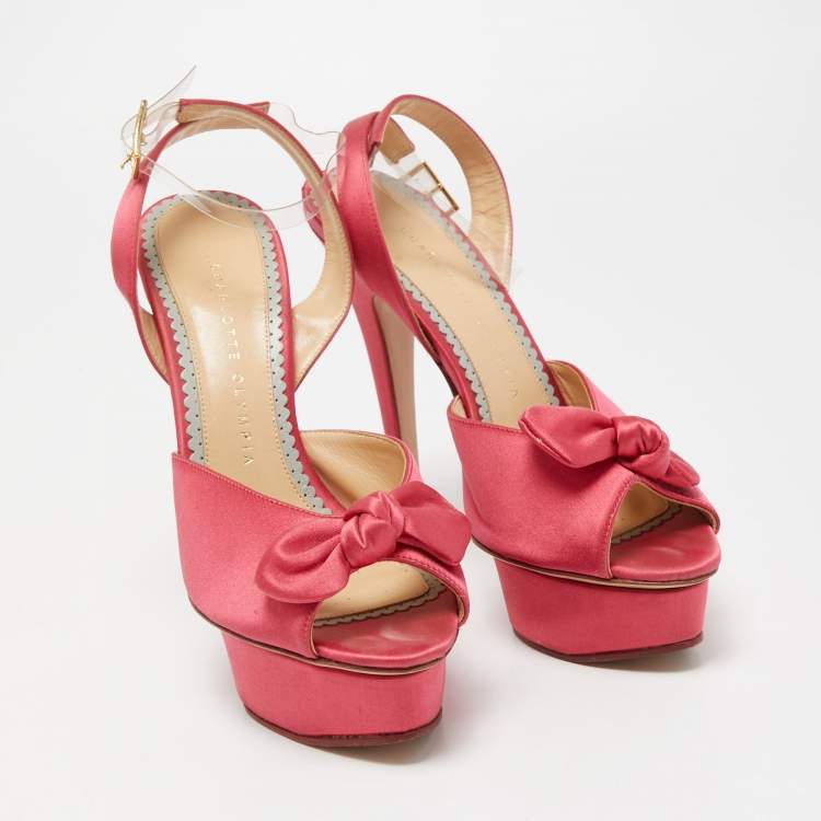 Pre Owned Charlotte Olympia Pink Satin Serena Bow Ankle Strap Platform Sandals Size 38