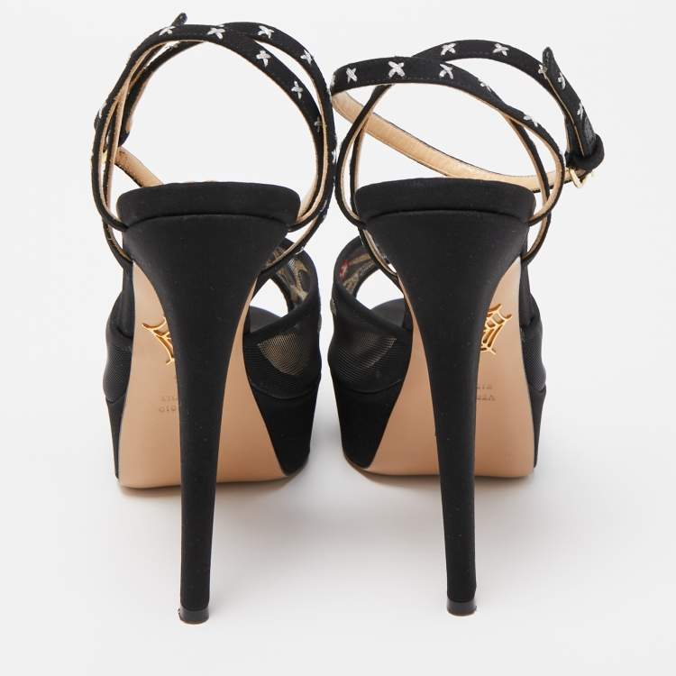 Pre Owned Charlotte Olympia Black Mesh and Canvas Platform Sandals Size 36.5