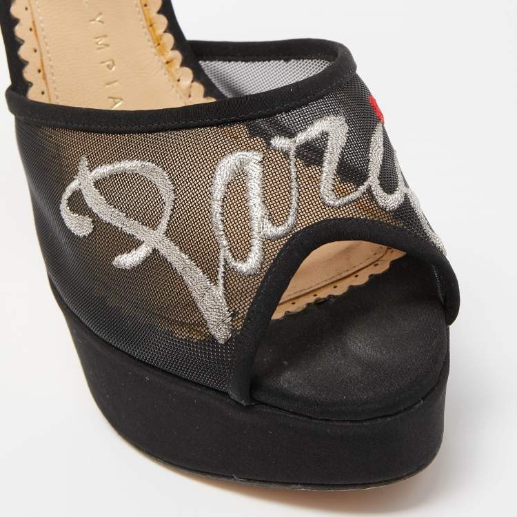 Pre Owned Charlotte Olympia Black Mesh and Canvas Platform Sandals Size 36.5