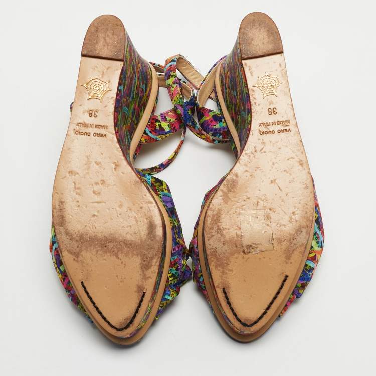 Pre Owned Charlotte Olympia Multicolor Printed Satin Wedge Platform Ankle Strap Sandals Size 38