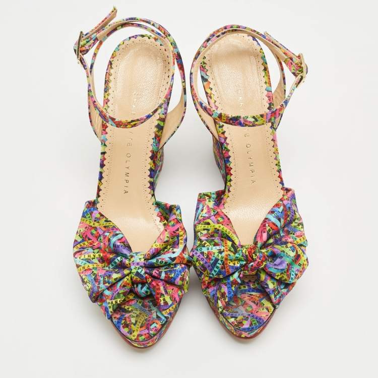 Pre Owned Charlotte Olympia Multicolor Printed Satin Wedge Platform Ankle Strap Sandals Size 38