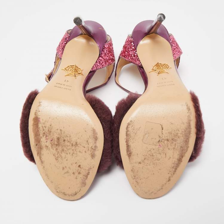 Pre Owned Charlotte Olympia Tricolor Fur and Glitter Caress Me Ankle Strap Sandals Size 41