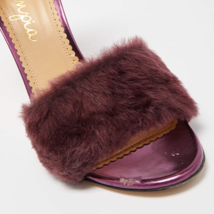 Pre Owned Charlotte Olympia Tricolor Fur and Glitter Caress Me Ankle Strap Sandals Size 41
