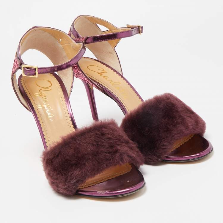 Pre Owned Charlotte Olympia Tricolor Fur and Glitter Caress Me Ankle Strap Sandals Size 41