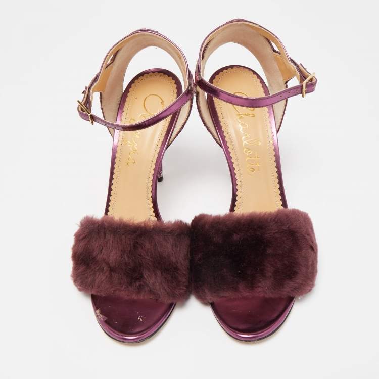 Pre Owned Charlotte Olympia Tricolor Fur and Glitter Caress Me Ankle Strap Sandals Size 41