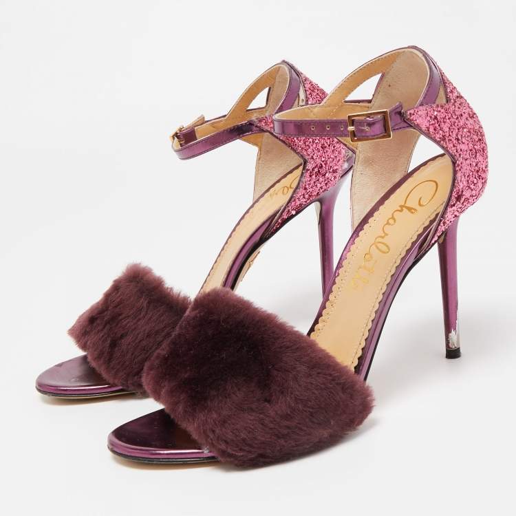 Pre Owned Charlotte Olympia Tricolor Fur and Glitter Caress Me Ankle Strap Sandals Size 41