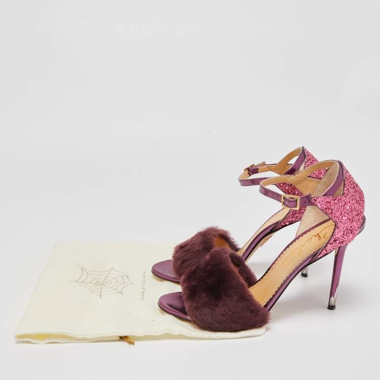 Pre Owned Charlotte Olympia Tricolor Fur and Glitter Caress Me Ankle Strap Sandals Size 41