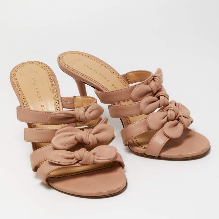 Pre Owned Charlotte Olympia Light Pink Leather Blyton Bow Slide Sandals Size 40