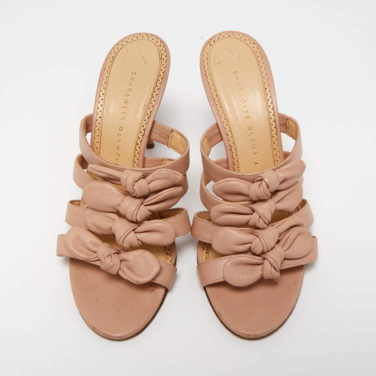 Pre Owned Charlotte Olympia Light Pink Leather Blyton Bow Slide Sandals Size 40
