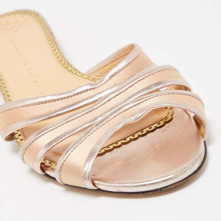 Pre Owned Charlotte Olympia Metallic Rose Gold Leather And Satin Flat Slides Size 38.5