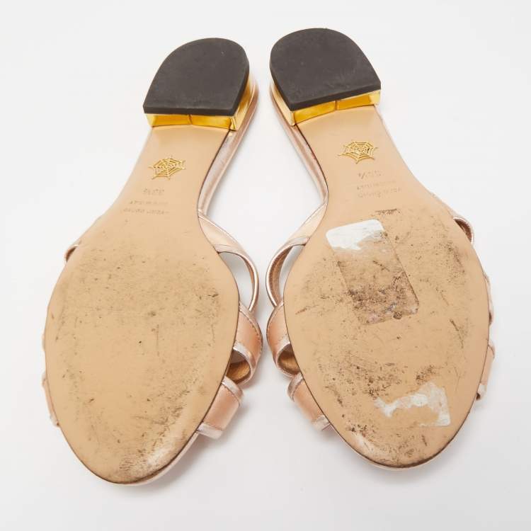 Pre Owned Charlotte Olympia Metallic Rose Gold Leather And Satin Flat Slides Size 38.5