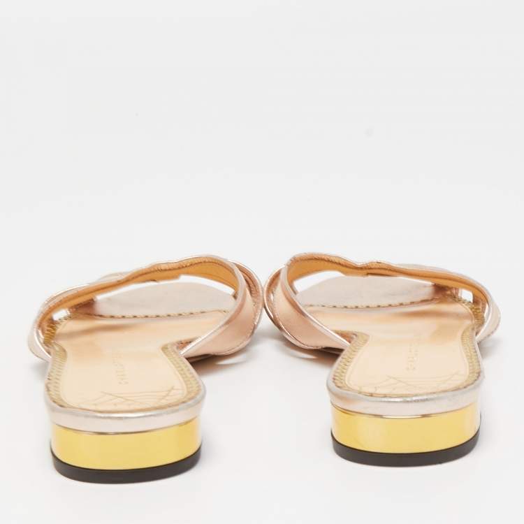 Pre Owned Charlotte Olympia Metallic Rose Gold Leather And Satin Flat Slides Size 38.5