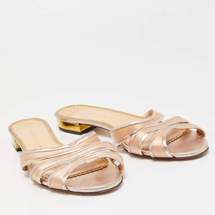 Pre Owned Charlotte Olympia Metallic Rose Gold Leather And Satin Flat Slides Size 38.5