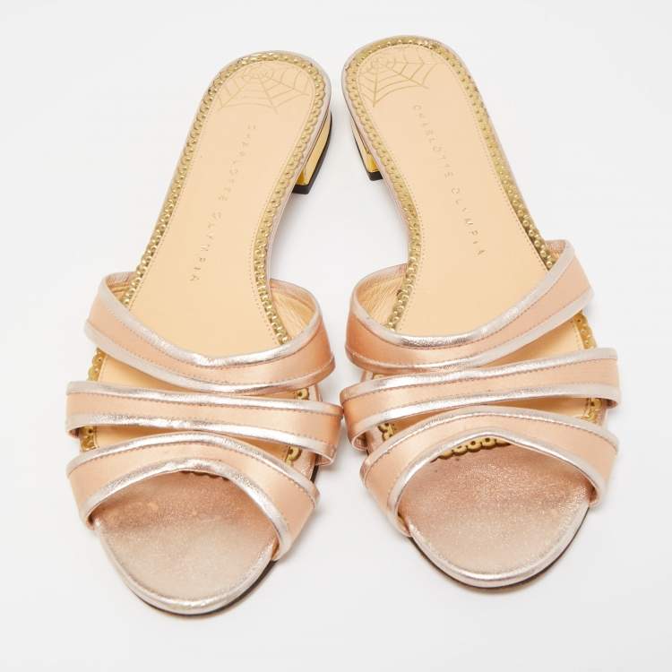 Pre Owned Charlotte Olympia Metallic Rose Gold Leather And Satin Flat Slides Size 38.5