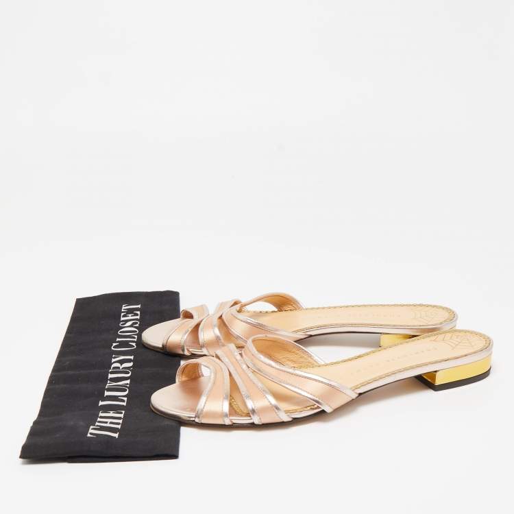 Pre Owned Charlotte Olympia Metallic Rose Gold Leather And Satin Flat Slides Size 38.5