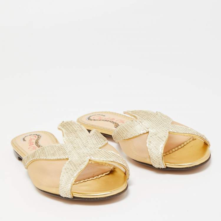 Pre Owned Charlotte Olympia White Mesh and Textured Leather Flat Slides Size 36
