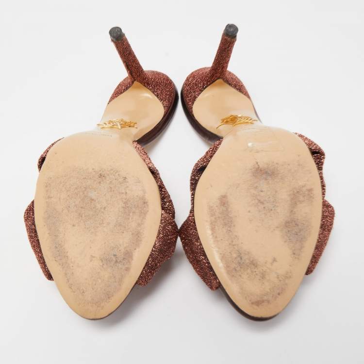 Pre Owned Charlotte Olympia Brown Lurex Fabric Knot Slide Sandals Size 37.5