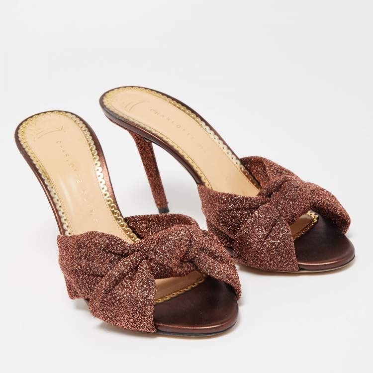 Pre Owned Charlotte Olympia Brown Lurex Fabric Knot Slide Sandals Size 37.5