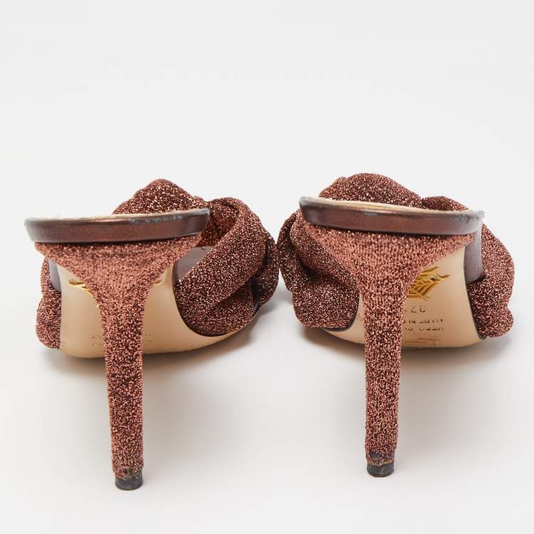 Pre Owned Charlotte Olympia Brown Lurex Fabric Knot Slide Sandals Size 37.5