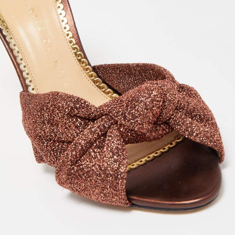 Pre Owned Charlotte Olympia Brown Lurex Fabric Knot Slide Sandals Size 37.5
