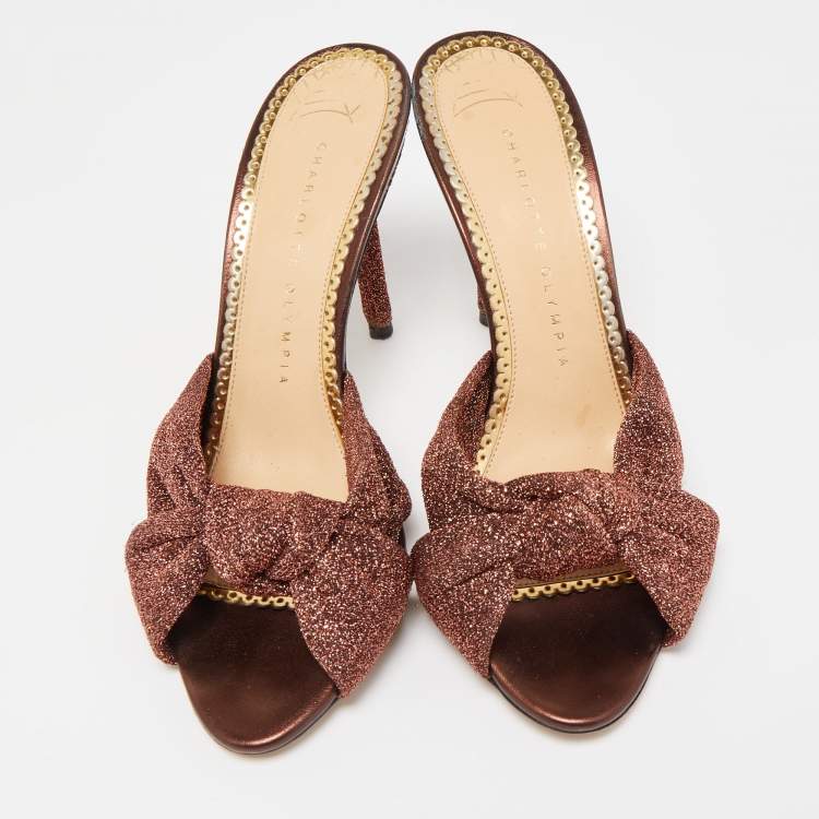 Pre Owned Charlotte Olympia Brown Lurex Fabric Knot Slide Sandals Size 37.5