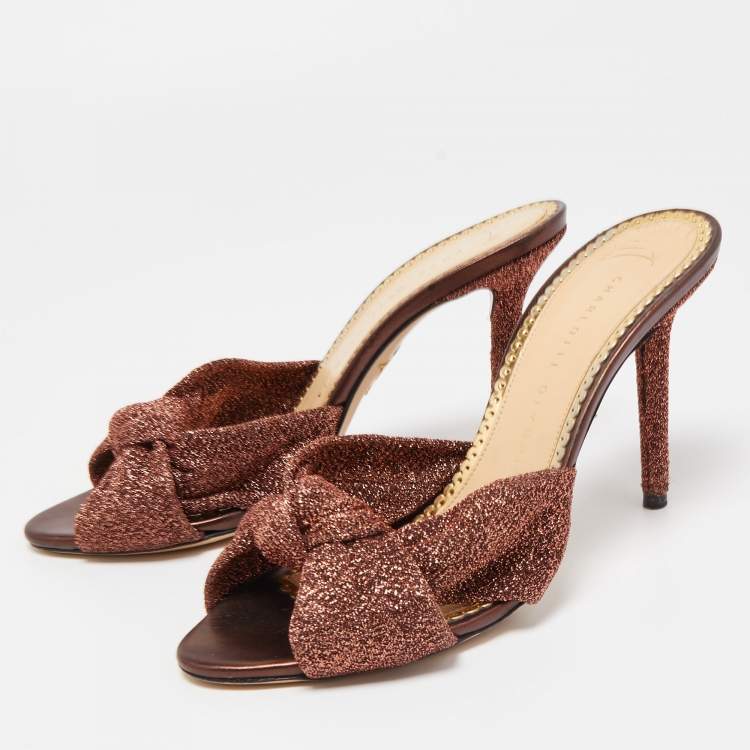 Pre Owned Charlotte Olympia Brown Lurex Fabric Knot Slide Sandals Size 37.5