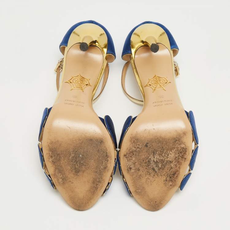 Pre Owned Charlotte Olympia Gold/Blue Satin and Leather Pumps Size 36