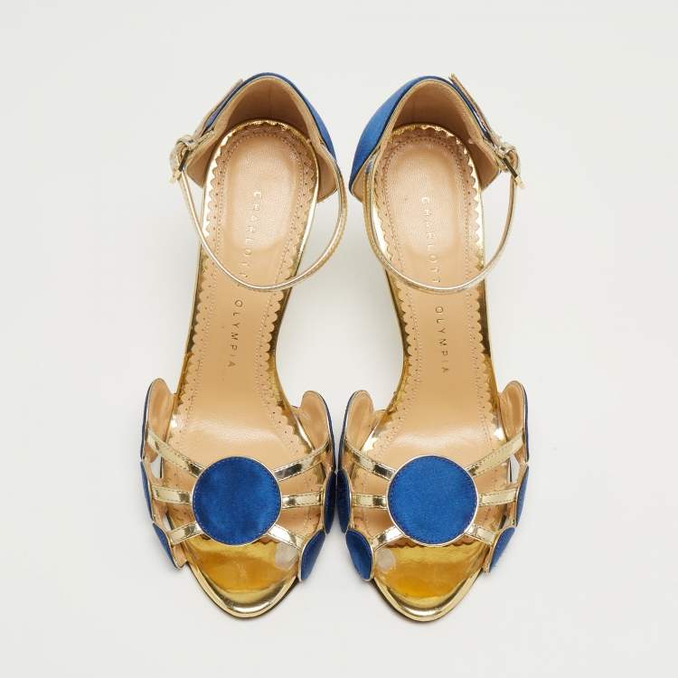 Pre Owned Charlotte Olympia Gold/Blue Satin and Leather Pumps Size 36