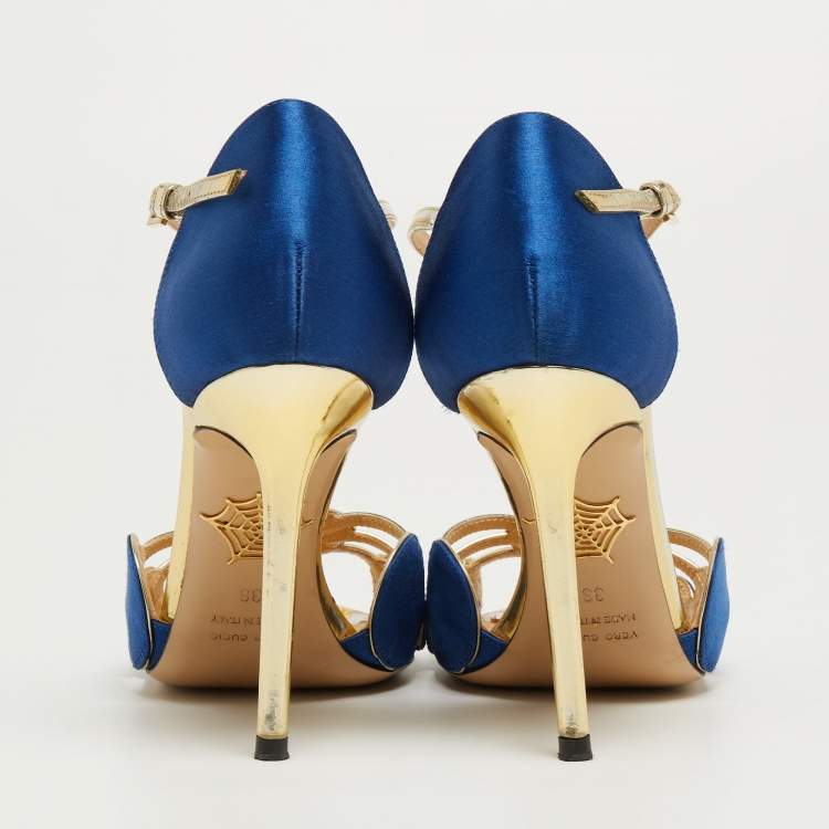 Pre Owned Charlotte Olympia Gold/Blue Satin and Leather Pumps Size 36