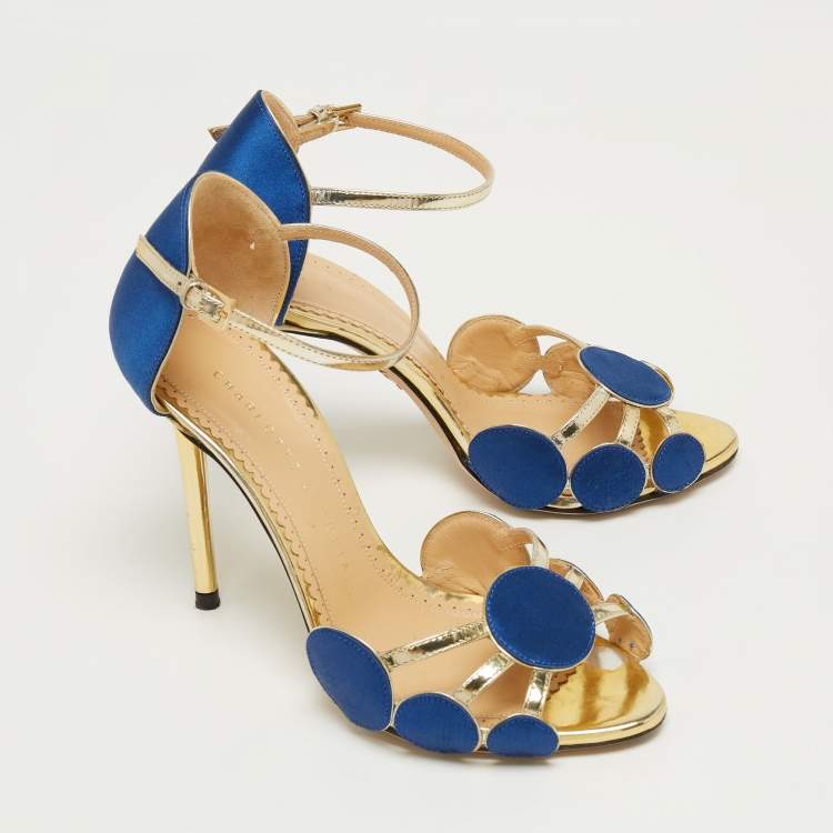 Pre Owned Charlotte Olympia Gold/Blue Satin and Leather Pumps Size 36