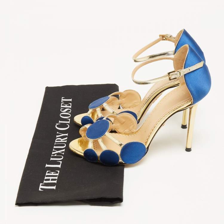 Pre Owned Charlotte Olympia Gold/Blue Satin and Leather Pumps Size 36