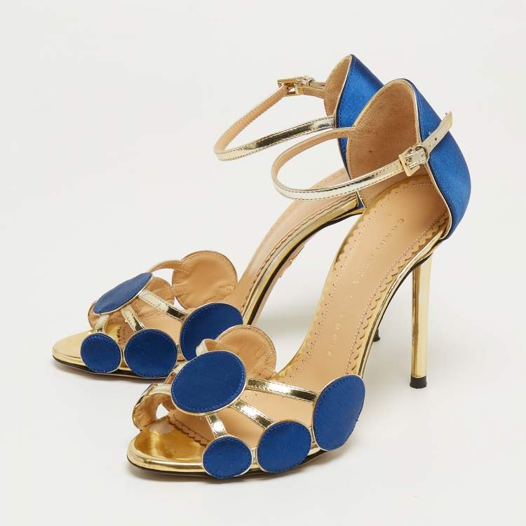 Pre Owned Charlotte Olympia Gold/Blue Satin and Leather Pumps Size 36