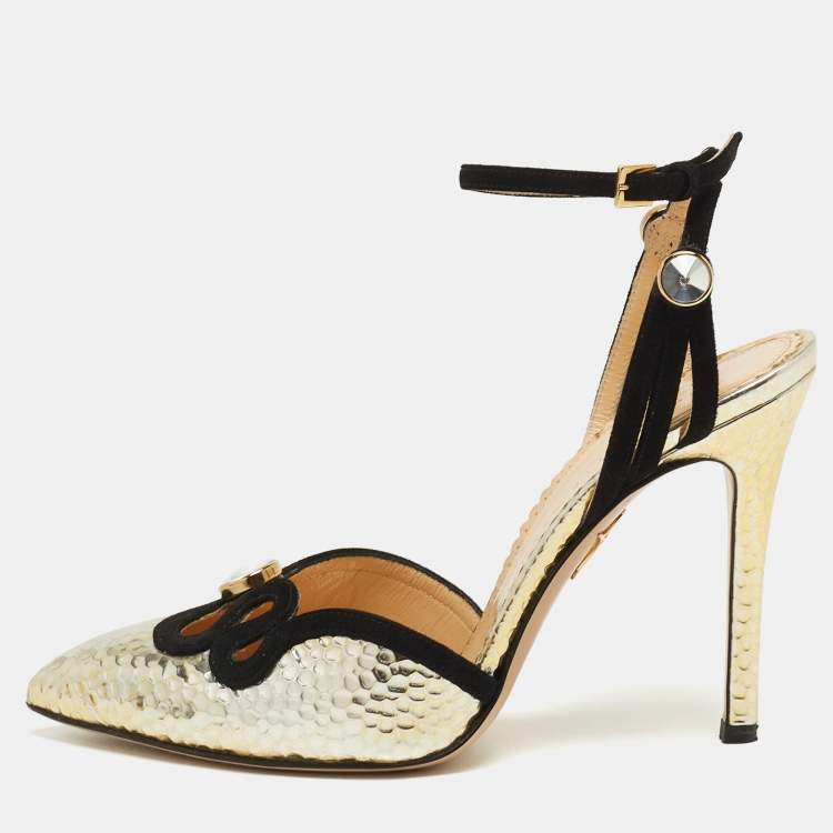 Charlotte Olympia Black/Gold Suede and Leather Ankle Strap Pumps